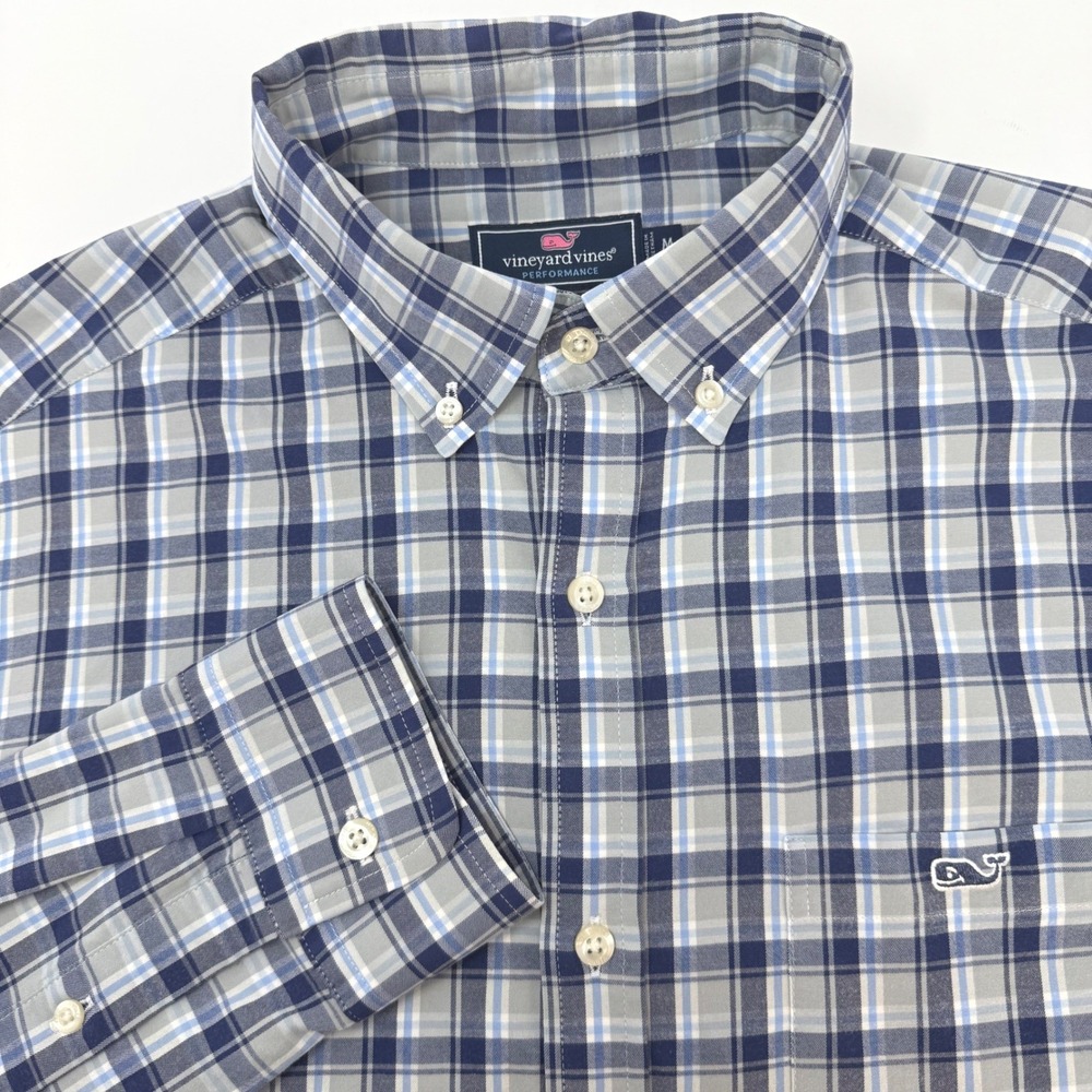 Vineyard Vines Performance Classic Fit Tucker Shirt Blue Grey Plaid Mens Medium